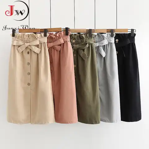 Women Casual Cotton Skirts 2022 Spring And Summer Korean Style Solid Elegant High Waist Single-Breasted Lace Up Split Midi Skirt