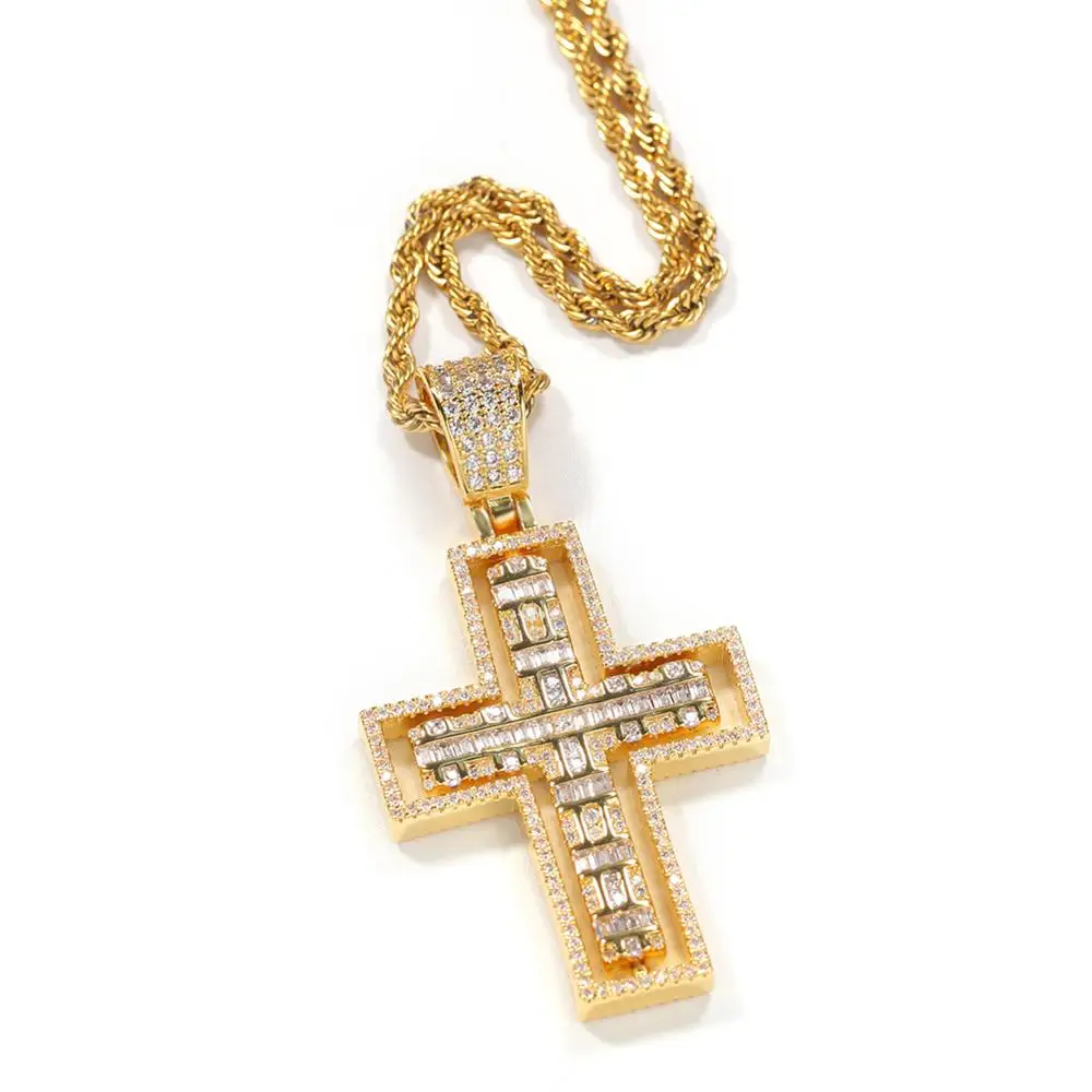 

Hip Hop AAAZircon Iced Out Bling Two Side Can Wear Rotatable Cross Pendants Necklace Gold Silver Color Men Women Rapper Jewelry