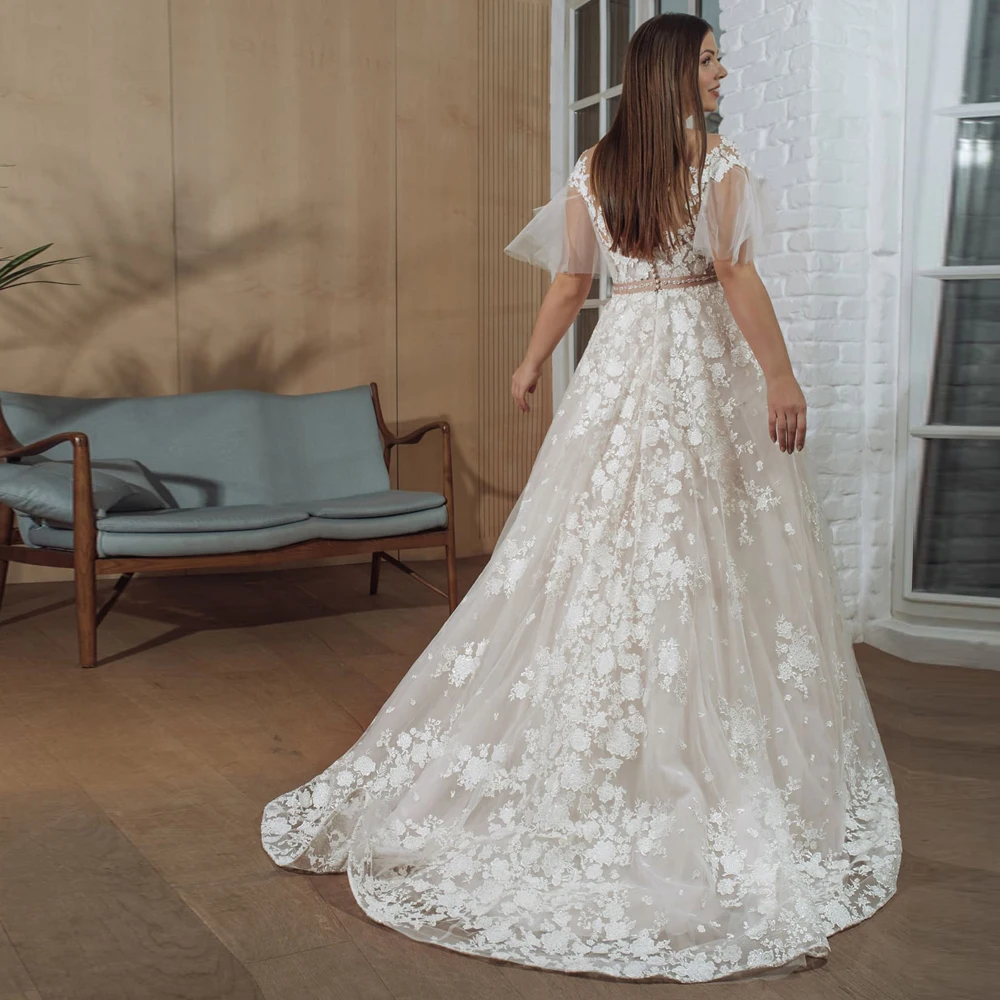 

Vestidos Charming Wedding Dresses Tulle Illusion Appliques Sashes V-Neck Half Sleeve Covered Button Ball Bridal Gowns