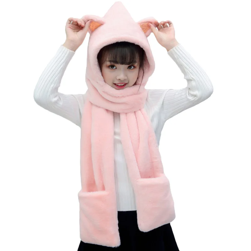 

Winter Korean Children's Scarf Cartoon Cat Ears Thickened Warm Plush 3 IN 1 Short Rabbit Hair Accessories Set For Boys And Girls