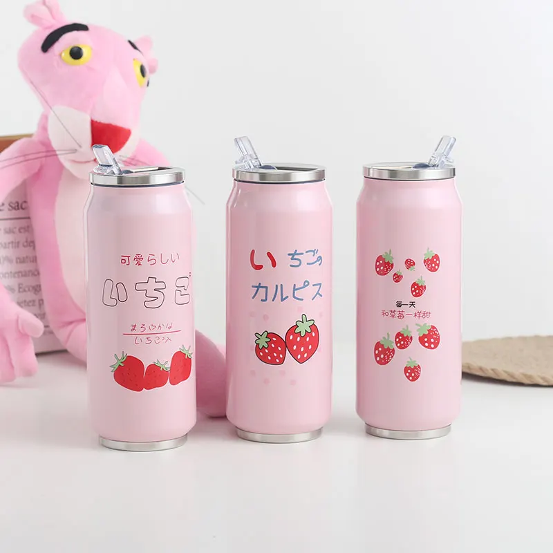 

Pink strawberry with straw cup trendy female student cans stainless steel water cup cute girl thermos 500ml