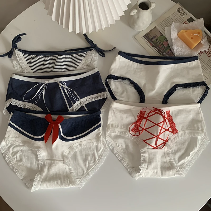 

5piece/Lot Janpan Style Cartoon Panties For Women Sexy Navy Wavy Underwear Girls Cute Bow Cotton Ruffles Lingerie