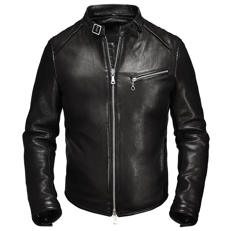 

Motorcycle Vintage Mens Casual Genuine Leather Jacket Coat Men Spring Autumn Fashion Design Biker Real Sheepskin Male Clothes
