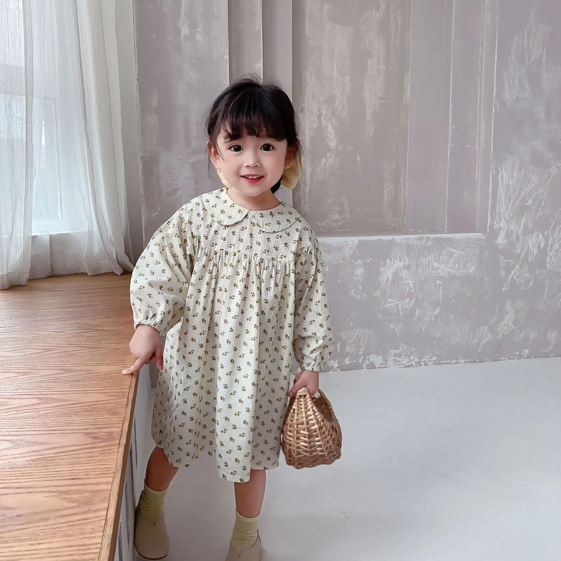

2021 Autumn New Baby Clothing Floral Print Girls Dress Long Sleeve Children Princess Dress Cotton Doll Collar Dresses 1-6 Year