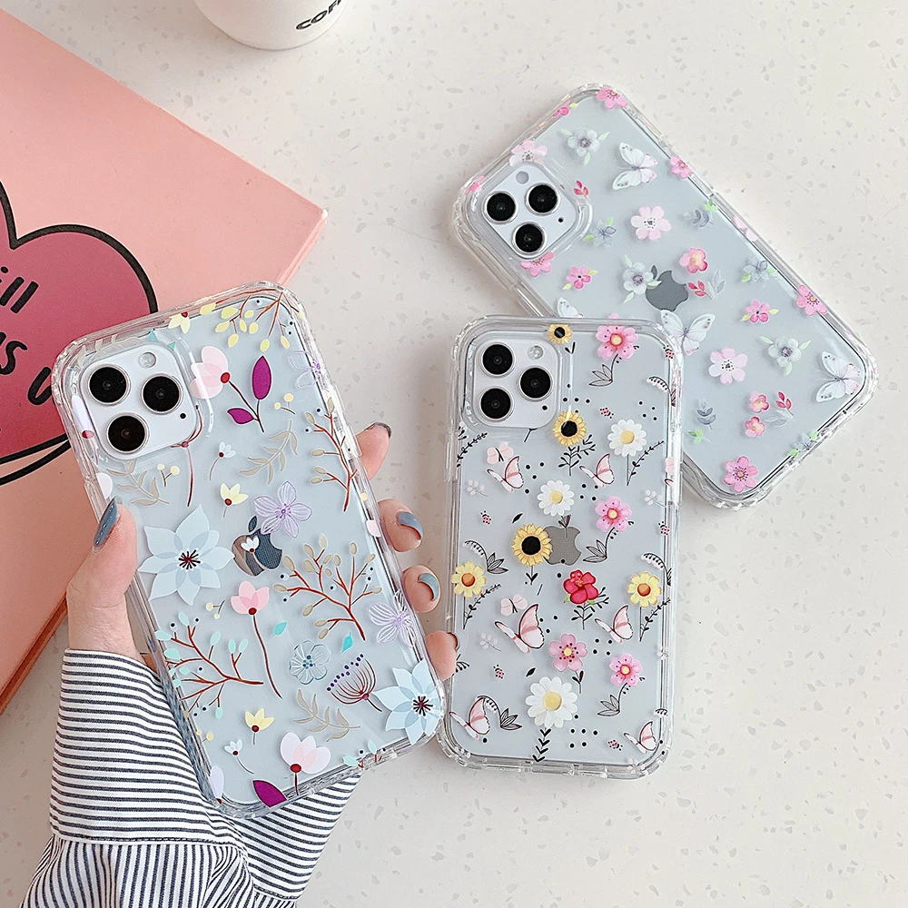 LOVECOM Cute Flower Leaf Butterfly Phone Case For iPhone 13 12 11 Pro XR XS Max 7 8 Plus Soft IMD 2 in 1 Clear Back Cover Coque | Мобильные
