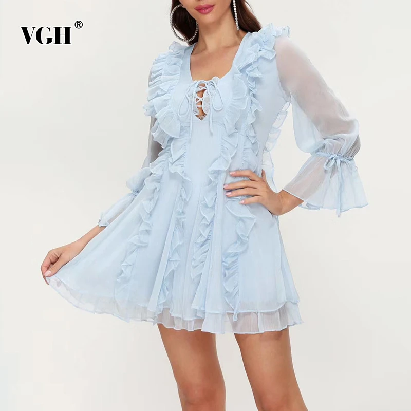 

VGH Patchwork Ruffles Dress For Women Cross Bandage V Neck Mesh Flare Long Sleeve High Waist Mini Dresses Female Fashion Clothes
