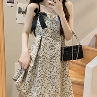 korean style 2020 summer new sweet bow slim fit slimming vintage small floral strap dress for women lolita dress