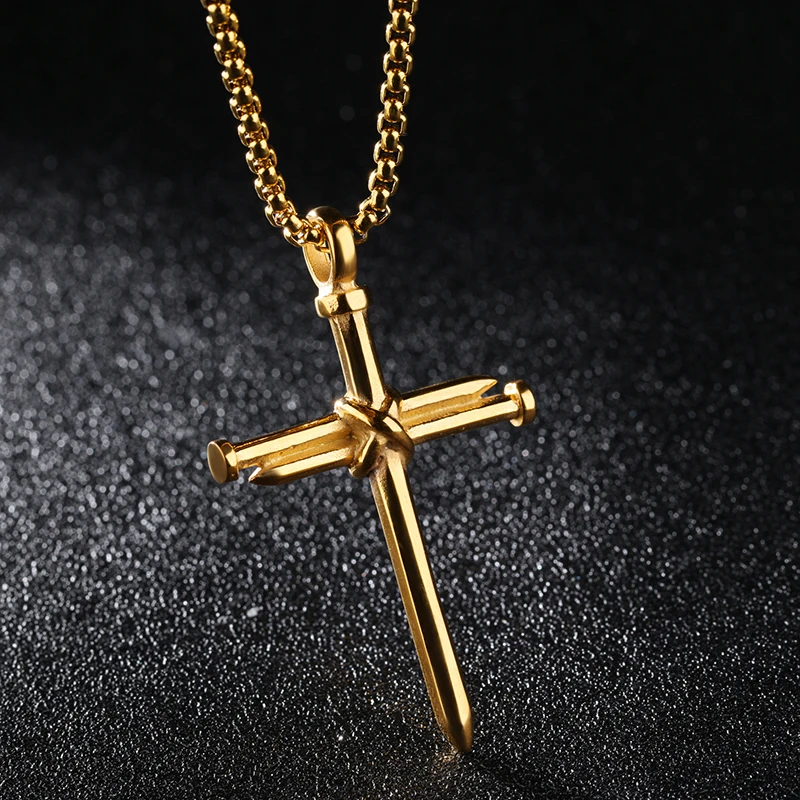 2020 New Fashion Cross Necklace Men Punk Nail Styling Pendant Black Gold Silver Color Chain Creative Gifts | Украшения и