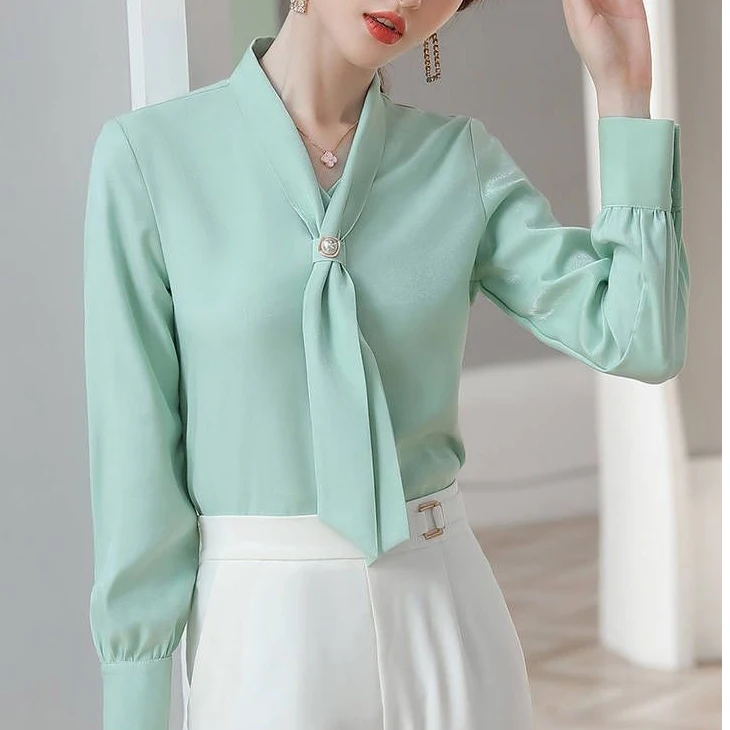 

White shirt female design chiffon western fashion long-sleeved 2021 new spring ribbon shirt Rayon V-Neck WOMEN Solid