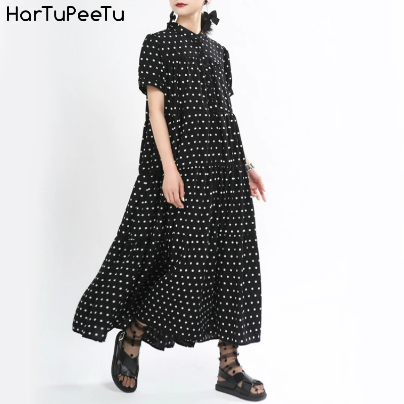 

Maxi Dress Summer 2020 Plus Size Women Elegant Polka Dot Print Loose Casual Stand Collar Black White Short Sleeve Vestidos Mujer