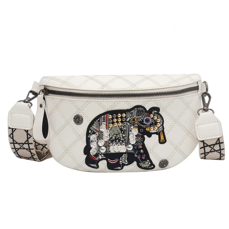 

Korean Chest Bag High Quality PU Leather Women Waist Bag Fashion Embroidery Elephant Wide Shoulder Strap Female Crossbody Bag