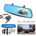 Автомобильный видеорегистратор 4,3 дюйма, ЖК-дисплей, сверхширокоугольная Передняя и задняя камера, зеркало заднего вида, видеорегистратор с двойным объективом