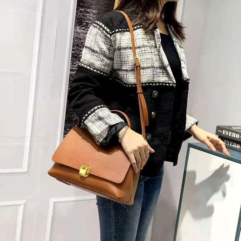 

full grain leather soft totes bag Metal lock Genuine leather shoulder bags Grain cow leather satchel Bags crossbody bags