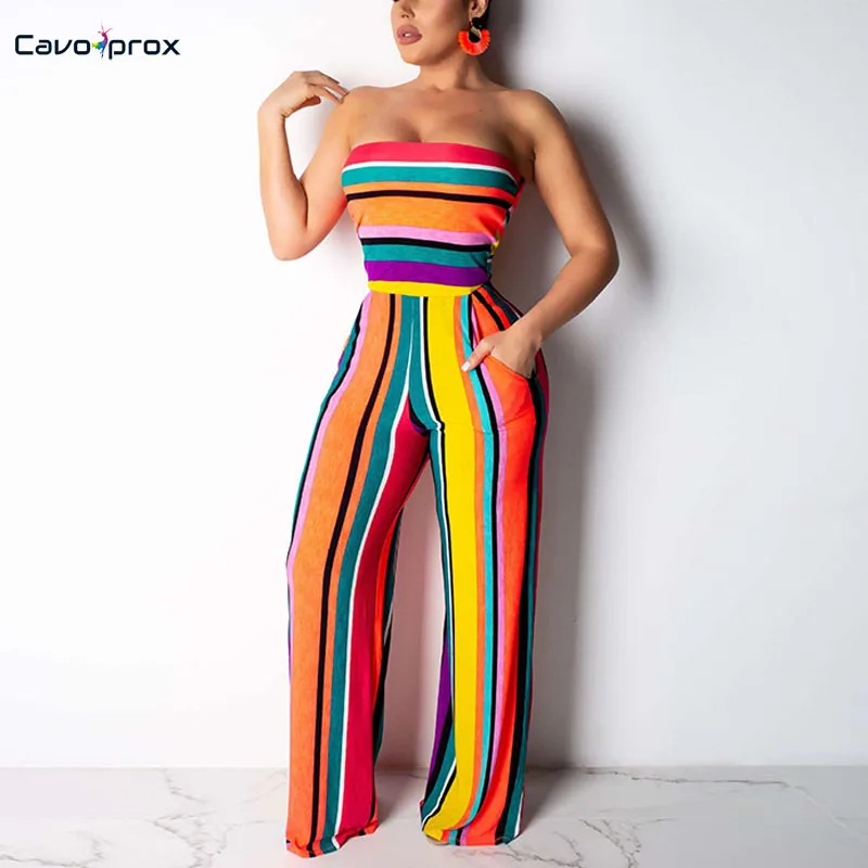 Женский Облегающий комбинезон без бретелек в полоску с широкими штанинами