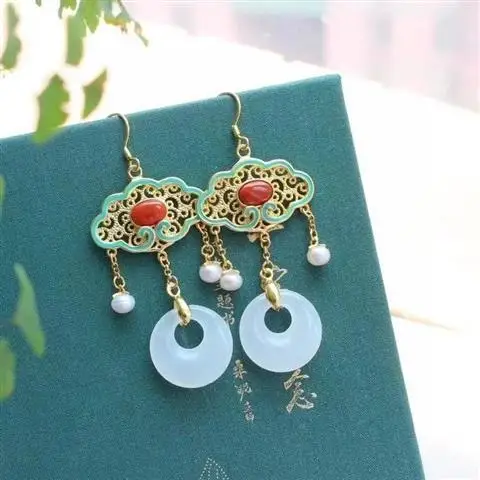 

Antique Earrings Earrings Chinese Style Ruyi Enamel South Red Pearl Earrings Sterling Silver Hetian Jade Earrings Female Tassel