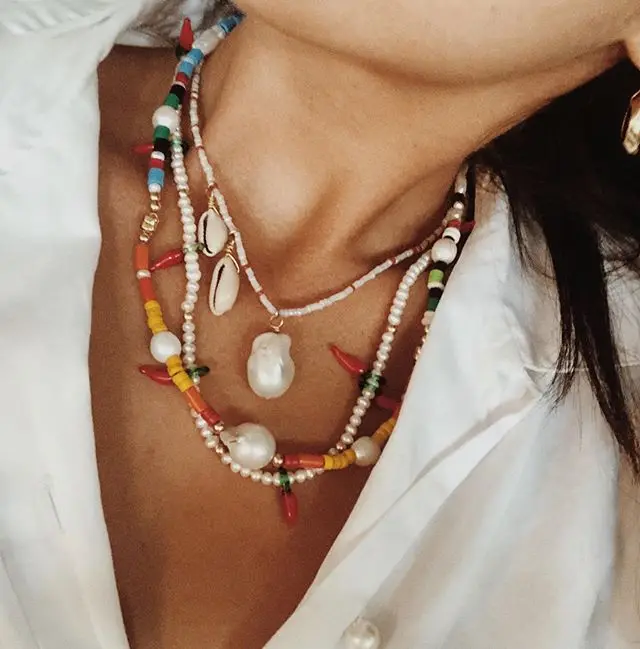 wholesale 2020 puka shell Female Summer Paired real Freshwater Pearl Multicolor Beads Handmade Special Necklaces women | Украшения и