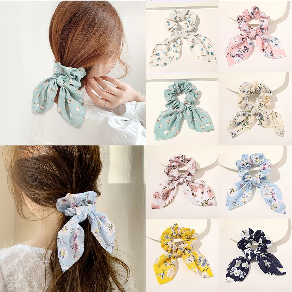 Корейские женские резинки для волос с кроличьими ушками цветочным принтом
