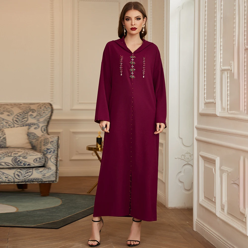 

FridayIn 2021 Middle Eastern Lady Celebrity Temperament Hood Solid Color Loose Arabian Robe Burgundy Abaya Muslim Women Clothing