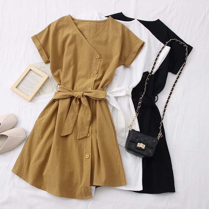 

2021 summer new elegant v-neck single-breasted dress Slim solid color short dress French retro short sleeve dress