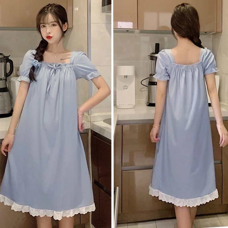 

Vintage Kawaii Nightgowns Cotton Women's Sleepwear Lace Ruffle Collar Peignoirs Lounge Wear Victorian Night Dress Ladies Nightie