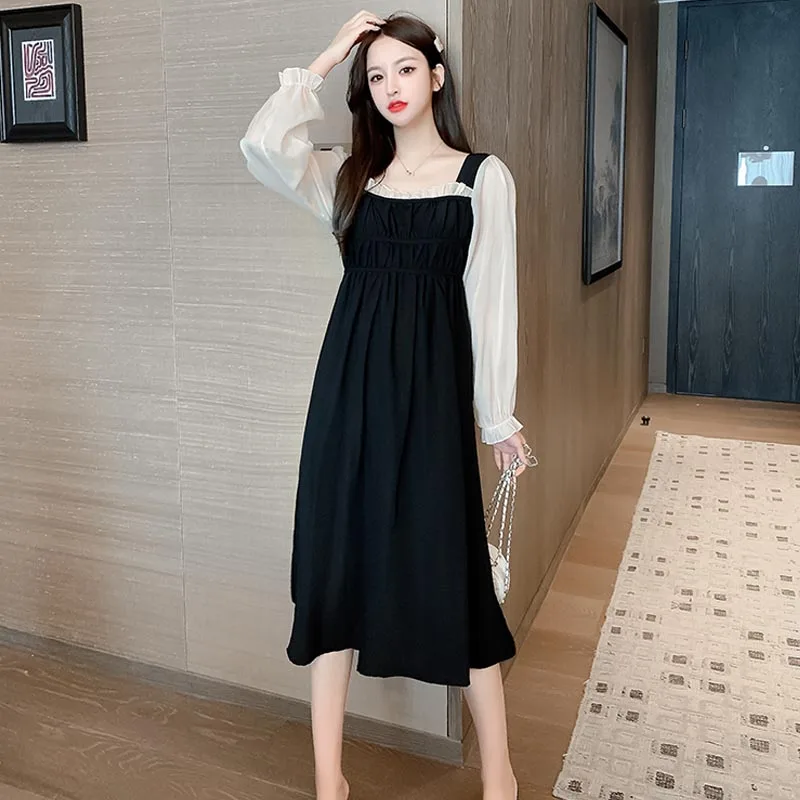 

One-Piece 2021 Korean Spring Autumn Dress French Square Collar Fashion Temperament Dress Puff Sleeve Splicing Hollow Out Dresses