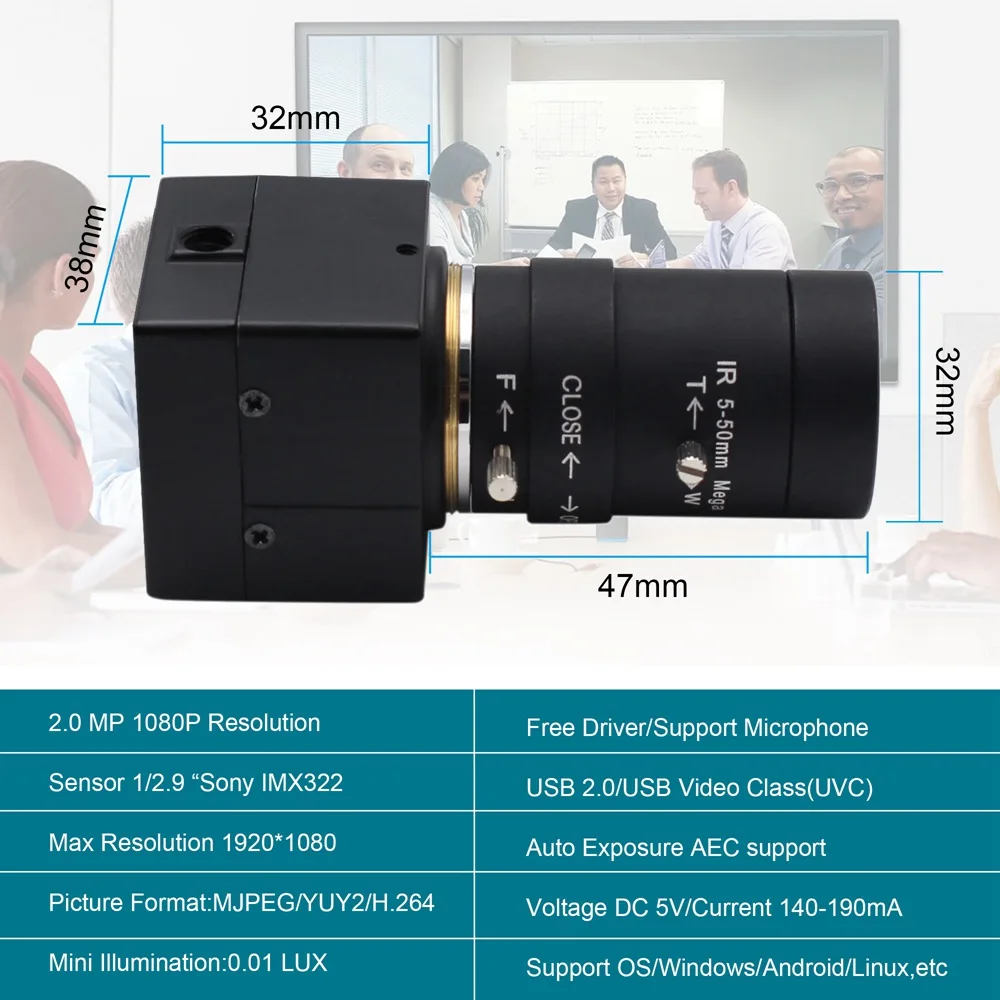 ELP USB веб камера 5 50 мм варифокальный объектив 0.01lux низкий светильник Full HD 1080P H.264 Mejpg