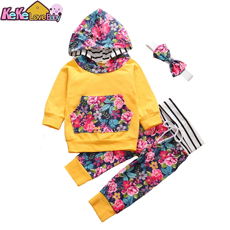 3Pcs Autumn Baby Girl Clothes Set Newborn Infant Outfit Fashion Hoodie Floral Pants Headband Pullover New Born Clothing Set Vest