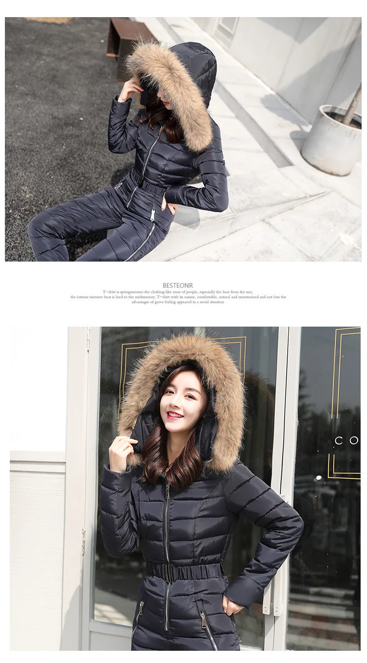 Winter new down cotton pad women fashion women two-piece cotton Raccoon Fur collar hooded thick warm jumpsuit women G1156