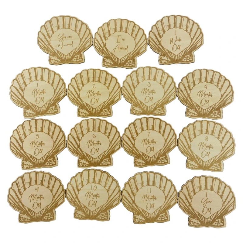

15 Pcs Wooden Baby Month Milestone Cards Newborn Birth Month Birthday Milestone Teether Shell Shaped Cards
