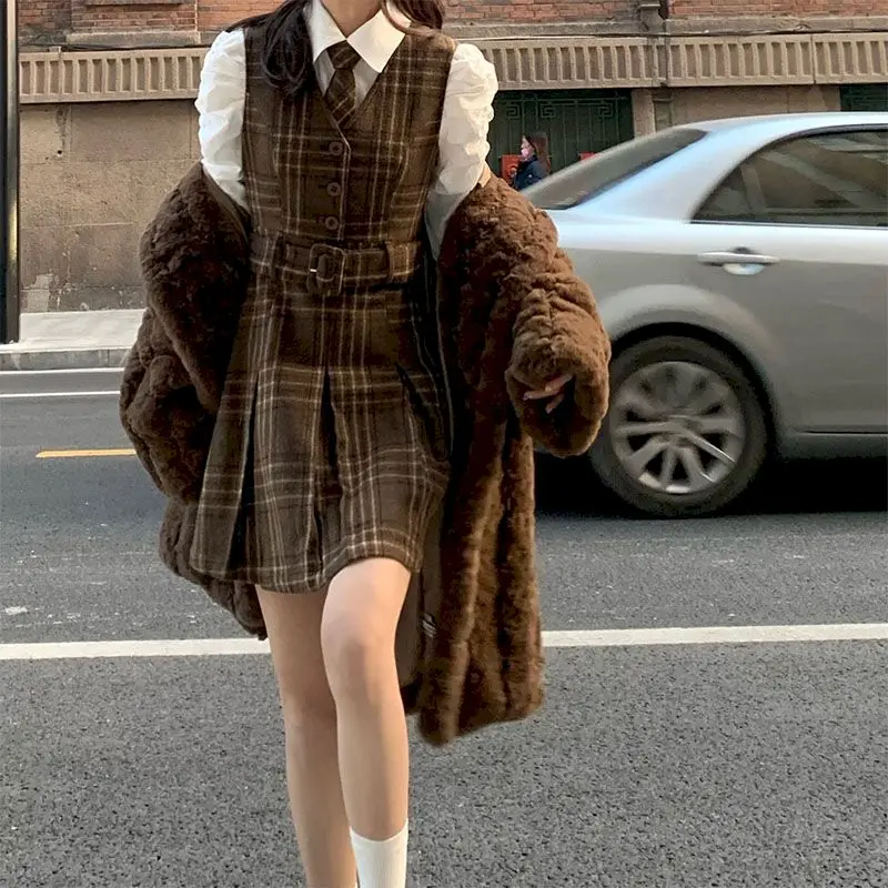 

Preppy Style Vest Dress Chocolate Color Plaid High Waist Belt V-neck Pleated Elegant Student Clothes A-line Women's Clothing