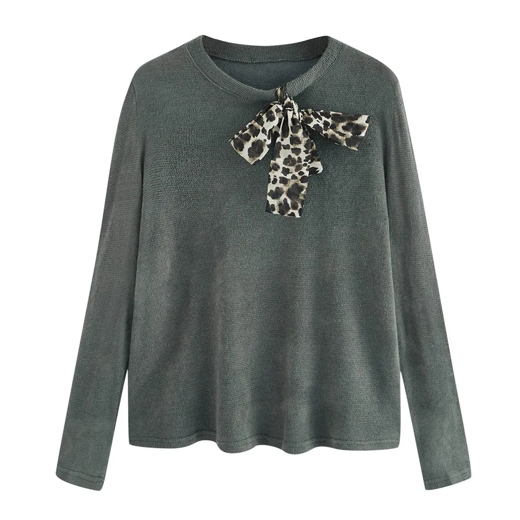 Женский свитер с леопардовым принтом и бантом толстый пуловер длинным рукавом