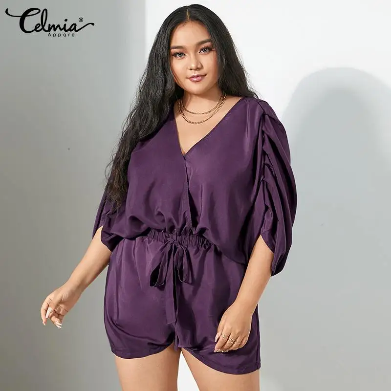 

Women Summer Overalls 2021 Celmia Sexy Short Sleeve High Waist Shorts Jumpsuits Casual Drawstring Short Pants Romper Plus Size