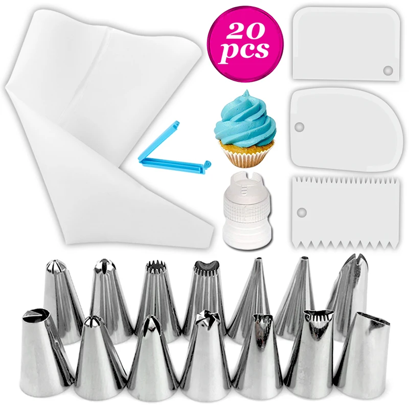 

20Pcs/Set Silicone Pastry Bag Tips Kitchen Cake Icing Piping Cream Cake Decorating Tools Reusable Pastry Bags Nozzle Set