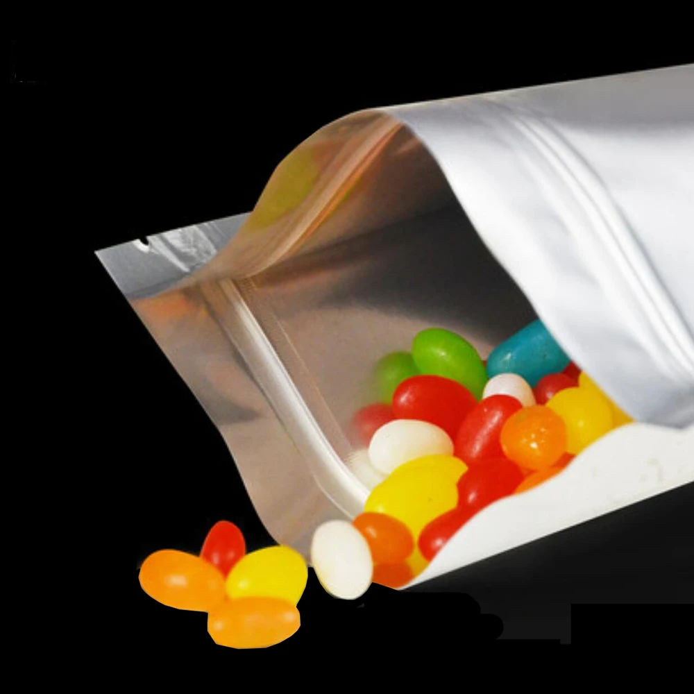 100 шт./лот стоячий мешочек из серебристой алюминиевой фольги на молнии для