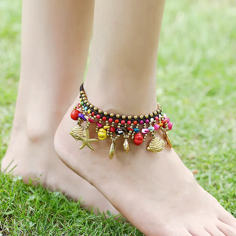 

Bohemian Style Exaggerated Footwear Thai Wax Thread Hand-woven Pine Stone Pumpkin Beach Anklet Retro Ethnic Style Anklet JL013