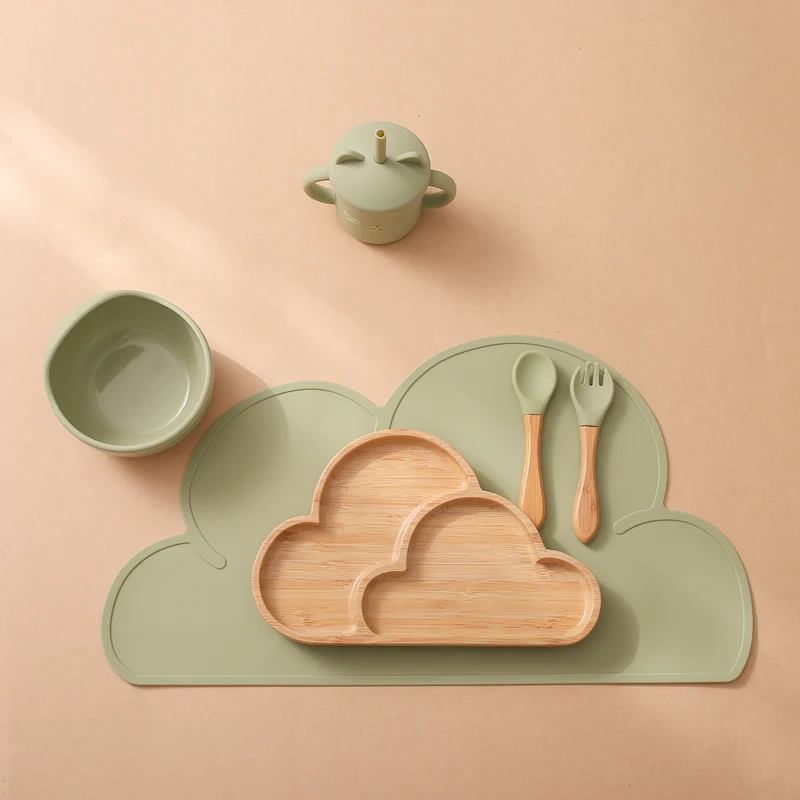 6PCS/Set Baby Silicone Tableware Food Grade Silicone Bowl Waterproof Spoon Bamboo Wood Dinner Plate  Feeding Cup Baby Products