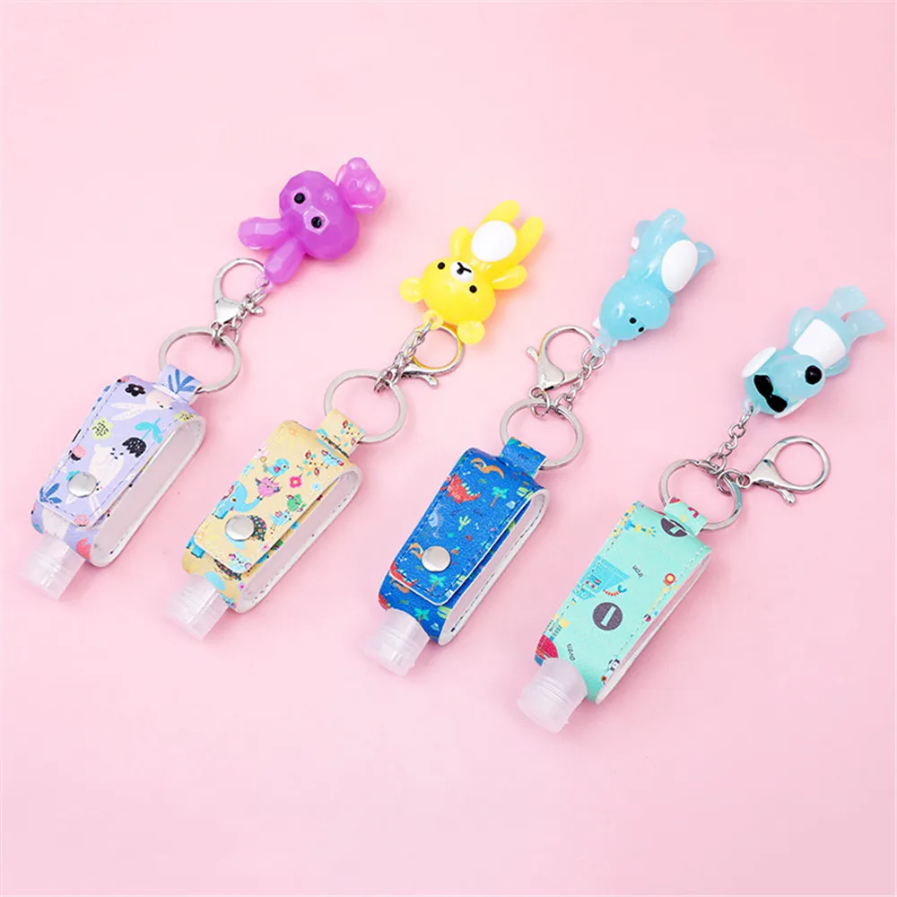 

30ml Empty Portable Travel Refillable Bottle Printed Leather Case Silicone Hand Sanitizer Perfume Holder W/ Cartoon Key Ring