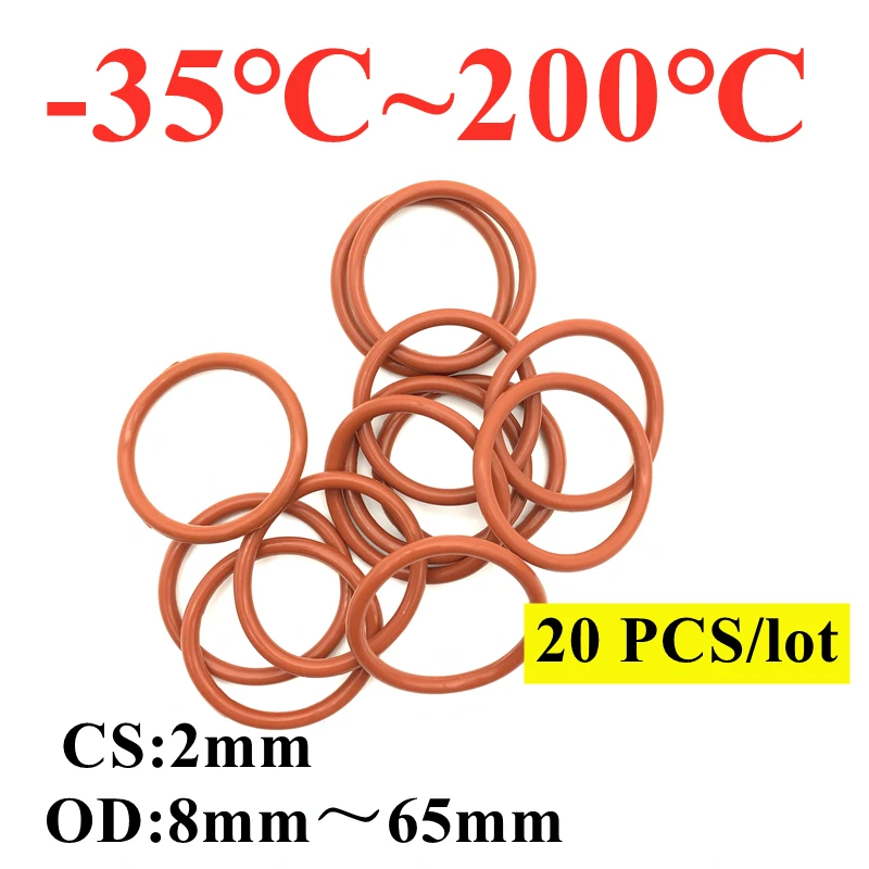 

20pcs VMQ O Ring Seal Gasket Thickness CS 2mm OD 8~ 65mm Silicone Rubber Insulated Waterproof Washer Round Shape Nontoxic Red