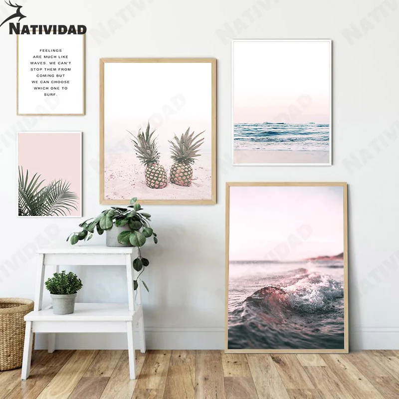 

Nordic Natural Landscape Painting Canvas Art Poster Modern Minimalist Wave Pineapple Text Holiday Style Canvas Painting Decor