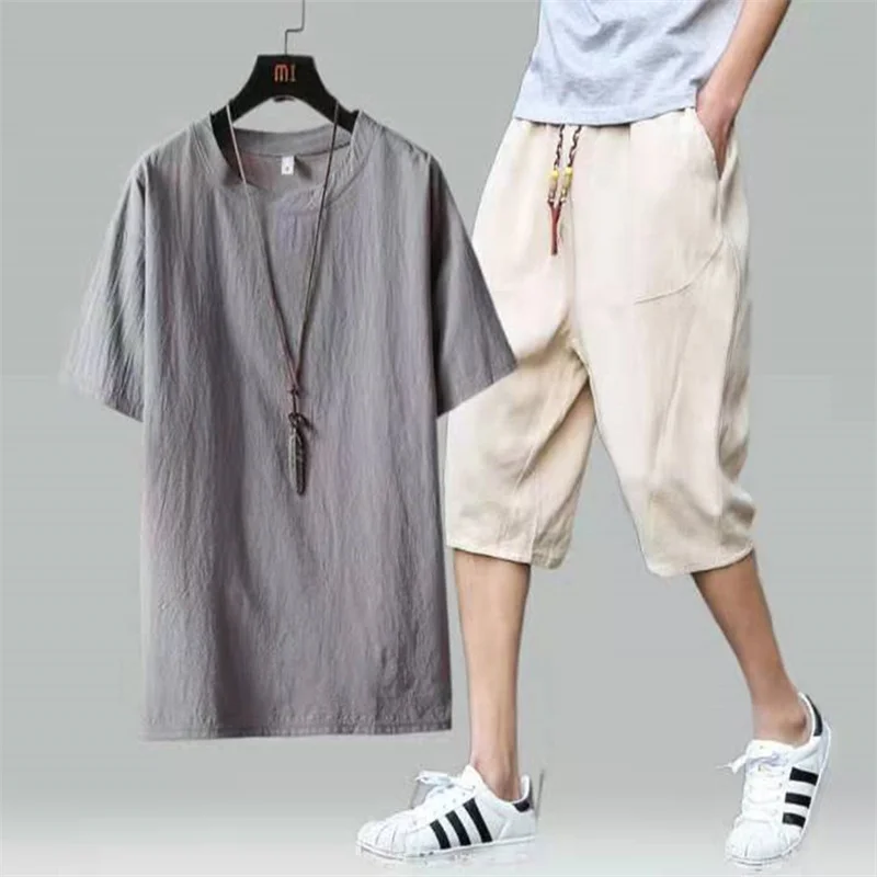 

2021 summer thin cotton and linen men's loose large size fashion rest cotton and linen casual suit M-4XL