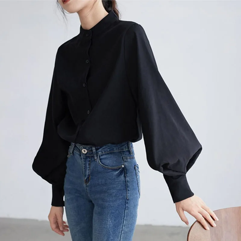 

Женская однобортная блузка с воротником-стойкой, с рукавами-фонариками