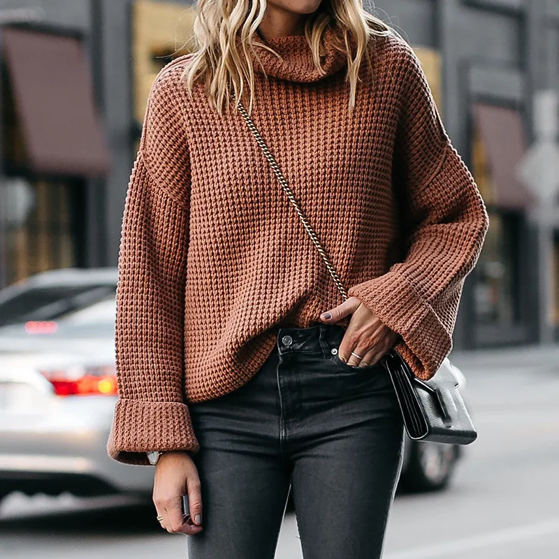 

Women's Red Turtleneck Lantern Sleeve Sweater 2020 Autumn and Winter New Sweater Solid Style Long Sleeve Pullover Plus Size Lady