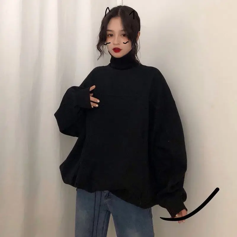 

Korean version plus velvet padded high neck loose gray sweater female retro lazy wind jacket