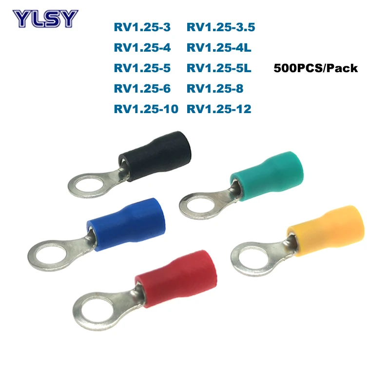 

500Pcs Ring Insulated Crimp Terminals Electrical Wire Connector RV1.25-3/4/5/6/8/10/12 Ferrules Cable 0.5-1.5mm² 22-16AWG 19A