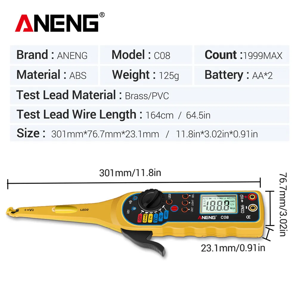 ANENG C08 1999 Counts Digital Professional Multimeter Auto Car Tester AC/DC Voltage Ammeter Resistance 0V-380V Electrical Tool