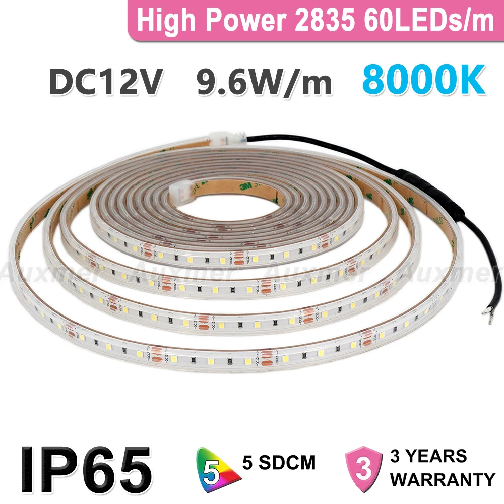 

High Power 2835 60LEDs/m LED Strip,Cold White 8000K,DC12V,IP65 Silicon cased tube ,300LED/Reel,5m/Reel,Waterproof LED Strips