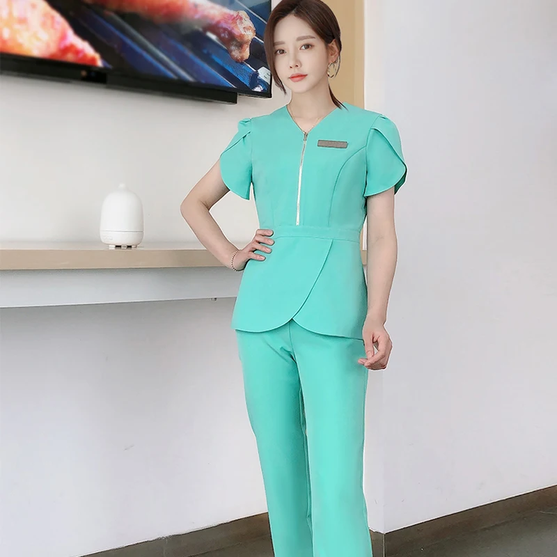 Женская рабочая форма для салона красоты однотонный костюм с V-образным вырезом