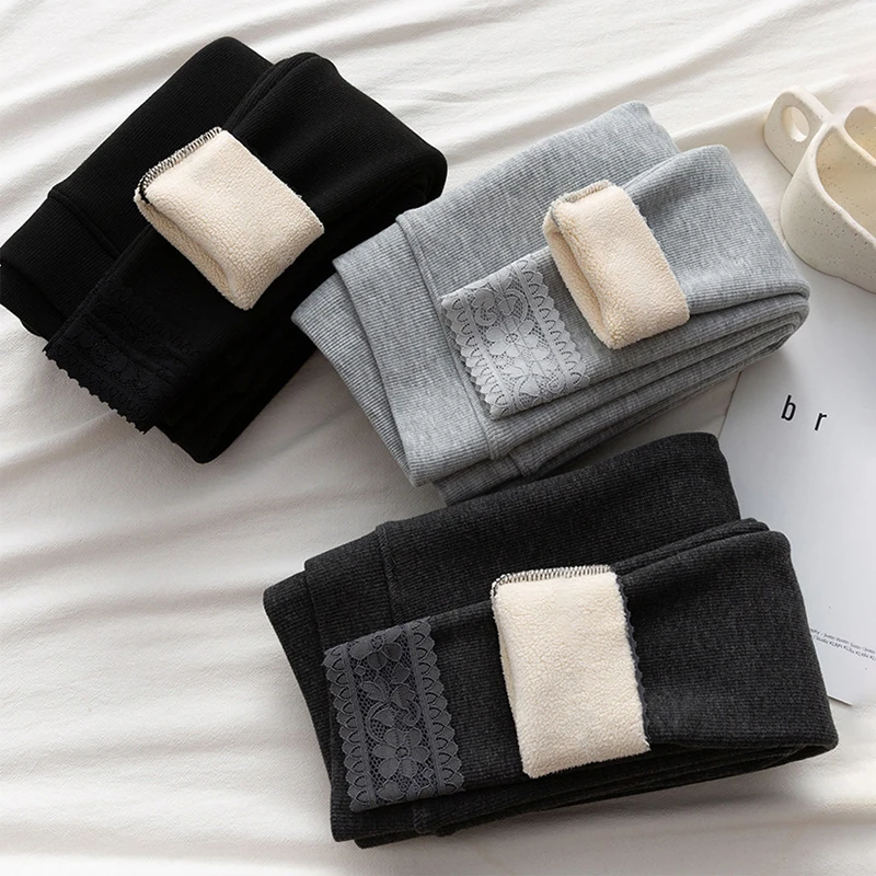 

Зимние теплые утепленные леггинсы, женские облегающие однотонные хлопковые брюки с высокой талией, кружевные до щиколотки, бархатная верхн...