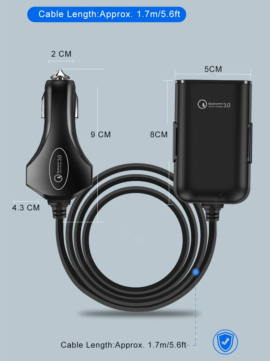 Быстрая зарядка 3 0 Автомобильное зарядное устройство 4 порта USB с 5.6ft удлинитель