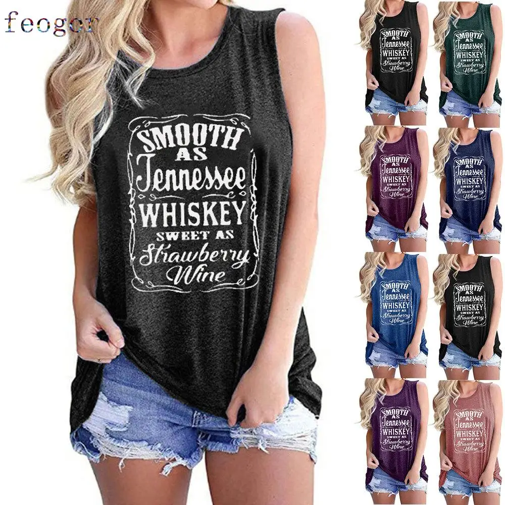

FEOGOR cotton T-shirt Women's plus size blouse Summer plus size ladies cotton vest letter print round neck sleeveless t-shirt